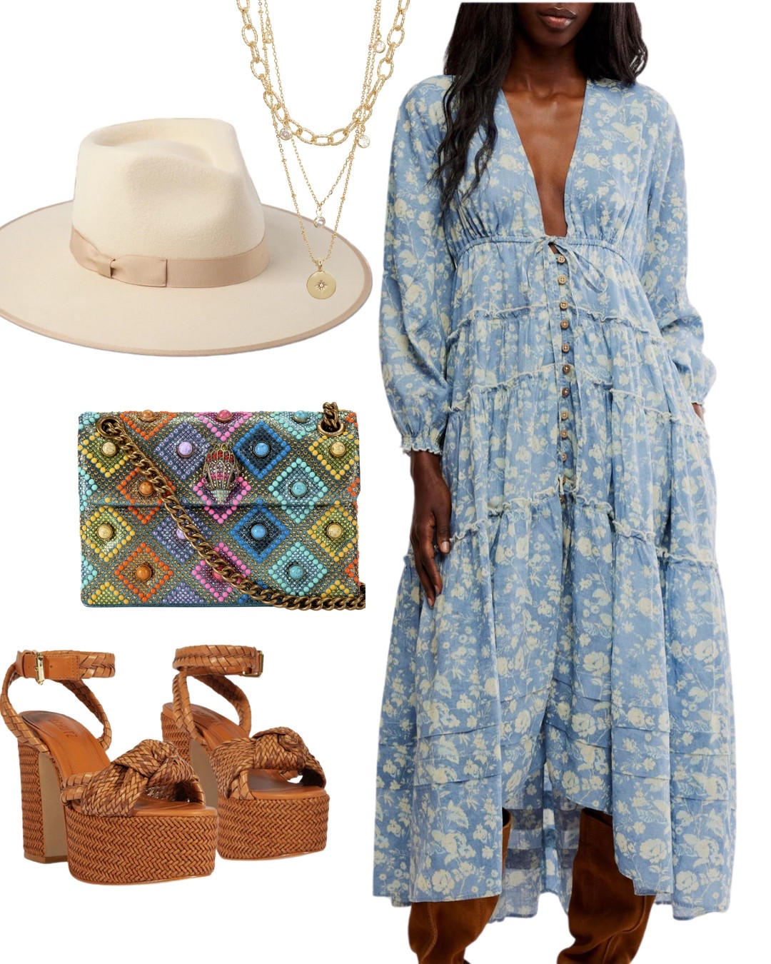 Summer style. 
Brunch look. 
Free people floral dress. 
High low dress. 
Midi length. 
Fedora. Lack of color. 
Schutz platform heels
Colorful clutch  

#LTKSeasonal #LTKTravel #LTKShoeCrush