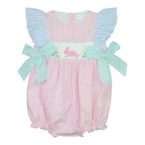 Pastel Seersucker Smocked Bunny Bow Bubble  - Shipping Mid March | Cecil and Lou