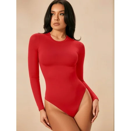 MOYIKO Crew Neck Long Sleeve Bodysuits for Women Round Neck Fitted Tops Size S-XXL | Walmart (US)
