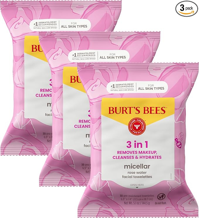 Burts Bees Micellar Rose Water Facial Towelettes, 100% Plant Based Cloth; 99% Natural Origin; Rem... | Amazon (US)