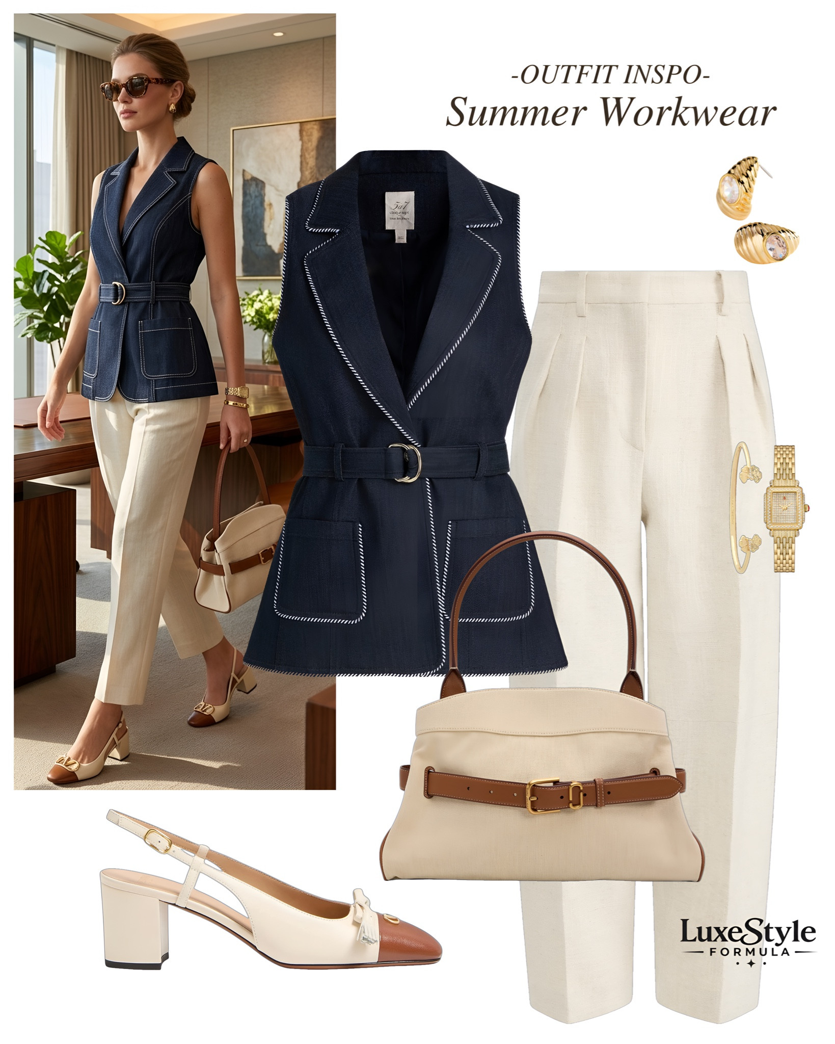 Navy + cream is the most underrated power combo for summer office dressing — structured, breathable, and effortlessly elevated. This is the kind of outfit that does the talking before you even open your mouth in a meeting 💙  

quiet luxury workwear, summer office outfit ideas, old money style, navy and cream outfit, wide leg trouser outfit, belted vest outfit, power dressing women, elevated workwear style, minimalist office outfit, neutral summer outfit, work outfit inspiration, business casual women, tailored summer look, classy office style, capsule wardrobe workwear, luxury everyday style, smart casual outfit ideas, gold jewelry styling, slingback heels outfit, professional summer fashion, luxestyleformula 

#QuietLuxuryWorkwear #OldMoneyOfficeStyle #SummerWorkwearOutfit #ElevatedEverydayStyle #PolishedOfficeStyle 

#LTKSeasonal #LTKootd #LTKWorkwear