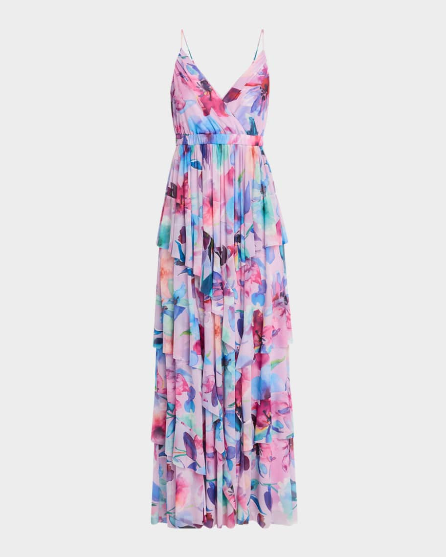 Zoey Tiered Watercolor-Print Mesh Maxi Dress | Neiman Marcus
