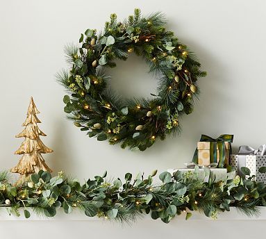 Pre-Lit Faux Eucalyptus and Pine Wreath &amp; Garland | Pottery Barn (US)