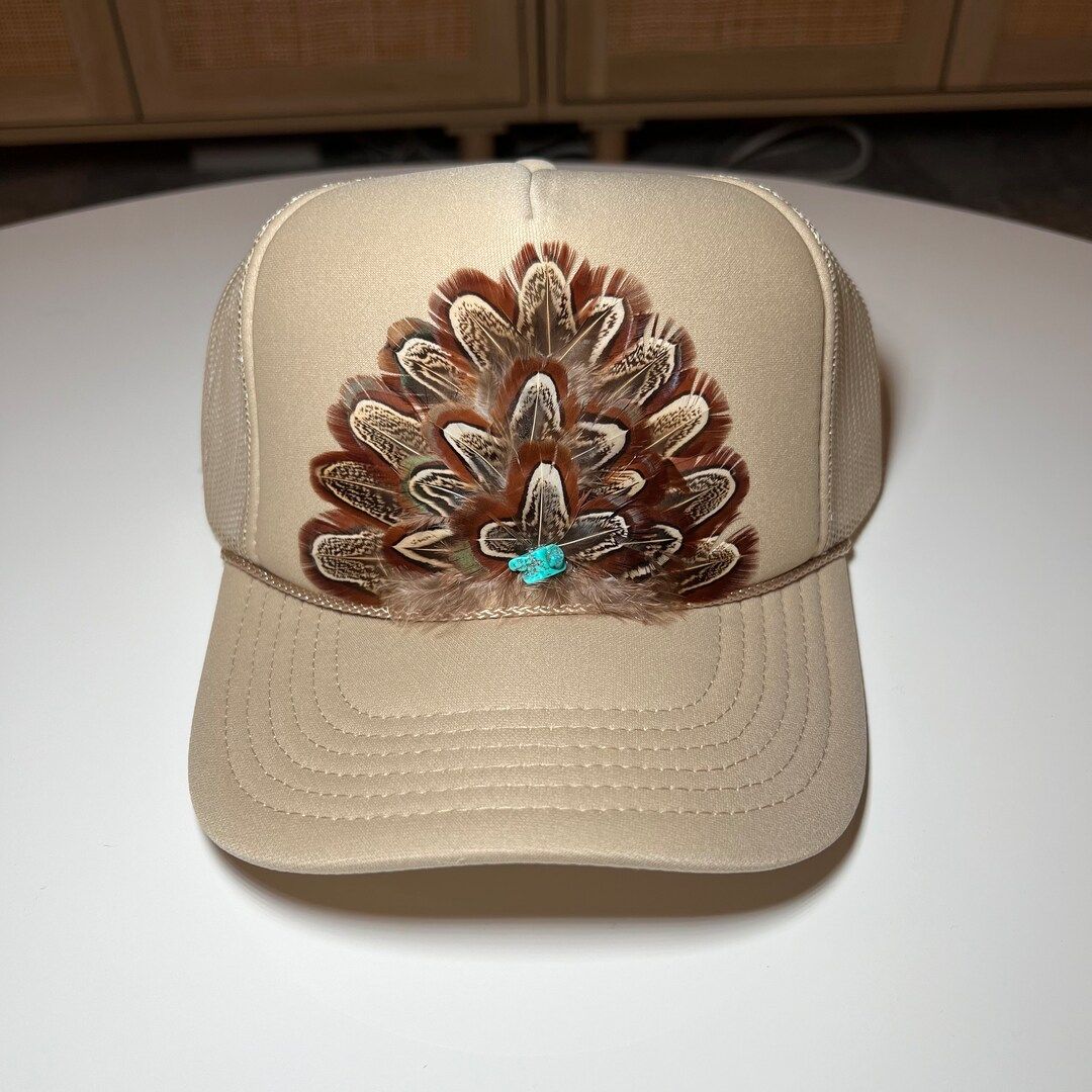 FEATHER Trucker Hat Turquoise Stone Embellished Trucker Hat Khaki - Etsy | Etsy (US)