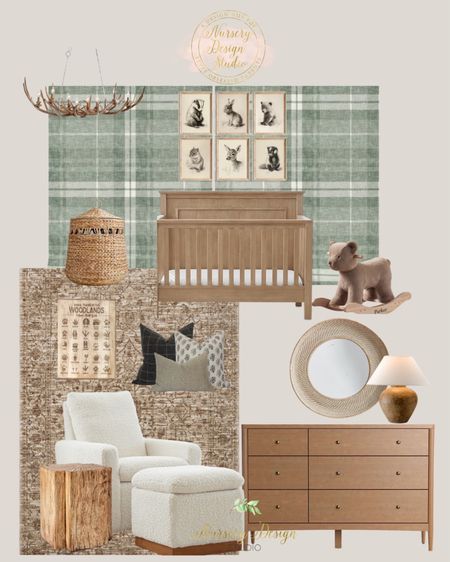 Lodge themed nursery inspiration, plaid wallpaper, wood crib, brown rug, woven mirror, nursery hamper 

#LTKHome #LTKSaleAlert #LTKBump