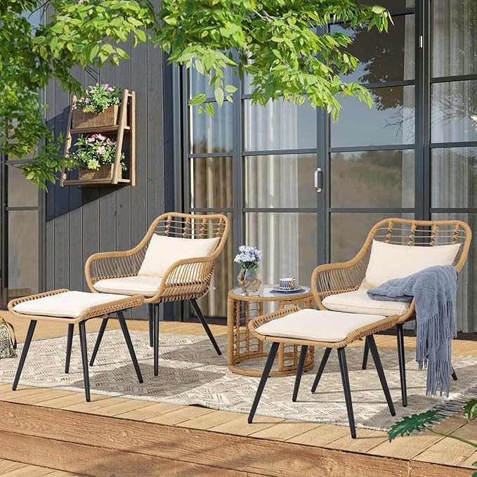 JOIVI 5 Piece Outdoor Wicker Furniture Set, Rattan Bistro All Weather Conversation Set with 2 Ott... | Amazon (US)