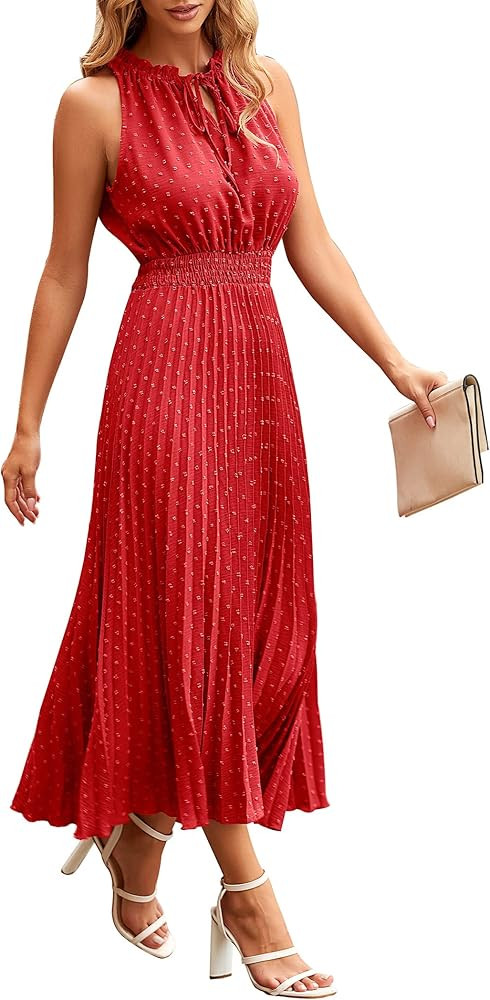 PRETTYGARDEN Women's Midi Summer Dresses Casual V Neck Swiss Dot Ruffle Sleeveless A Line Beach S... | Amazon (US)