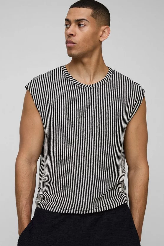 Cropped Boxy Jacquard Stripe Tank | boohooMAN (US & Canada)