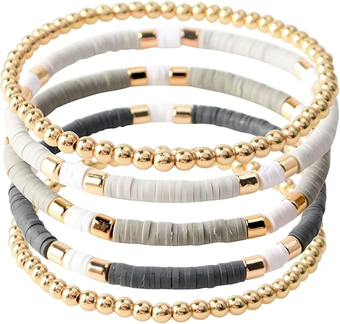 Surfer Heishi Clay Bead Bracelets for Women Bohemian Stackable Evil Eye Vinyl Disc Beaded Stretch... | Amazon (US)