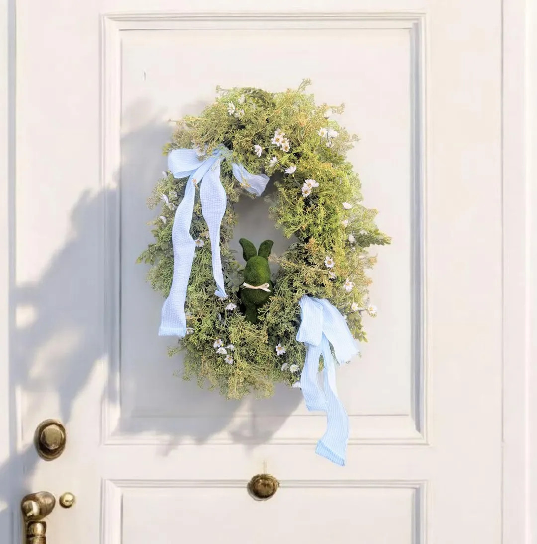 Oval Easter Wreath, Moss Bunny Door Decor, Spring Cream Daisies, Farmhouse Door Hanger, Rustic Ho... | Etsy (US)