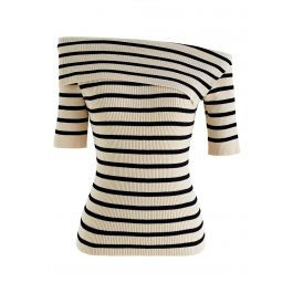 Folded Off-Shoulder Short-Sleeve Knit Top in Stripe | Chicwish
