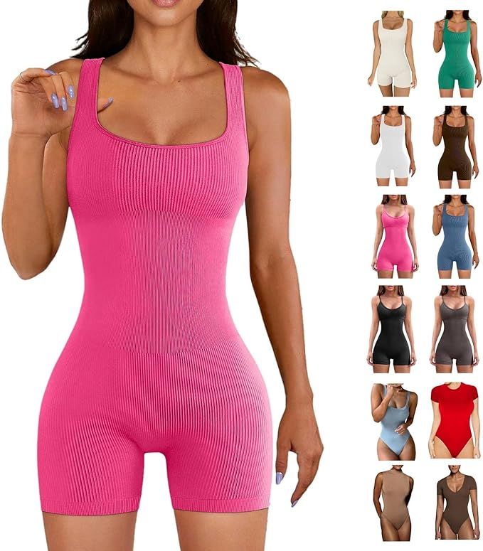 EAUFUM Workout Romper for Women Tummy Control one Piece Shapewear Bodysuit Sleeveless Short Jumpe... | Amazon (US)