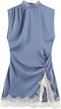 Women's Lace Spliced Pleated Dress Sleeveless Mini Elegant Street Style | Amazon (US)