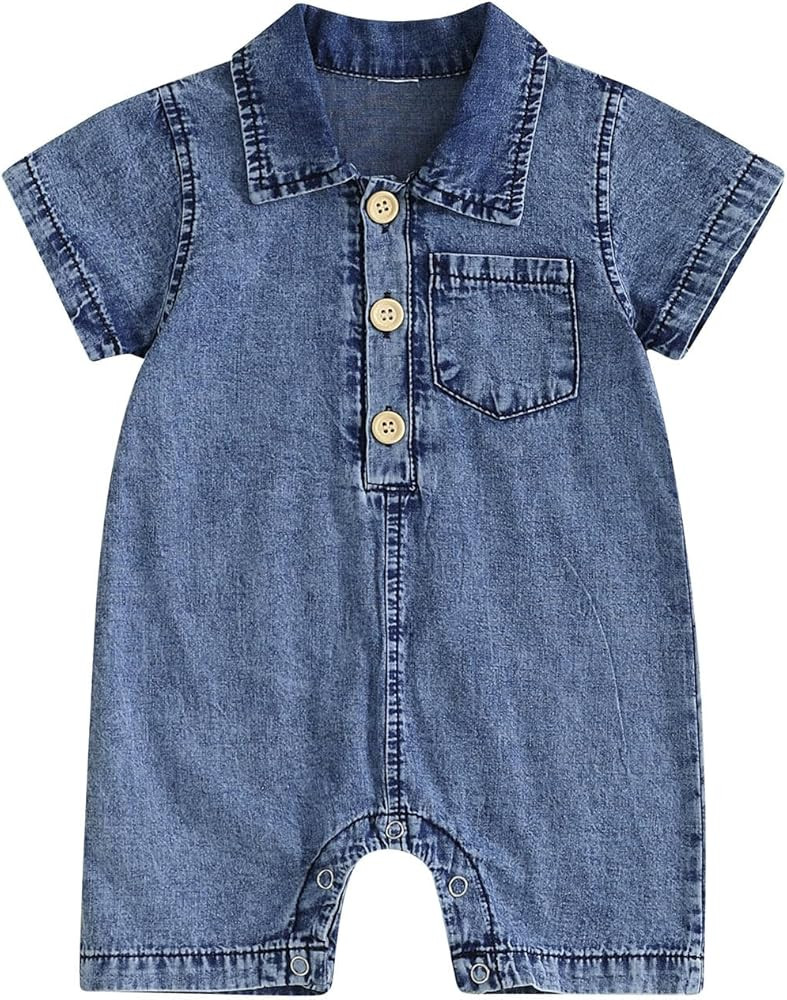 Newborn Baby Boy Girl Summer Clothes Lapel Short Sleeve Romper Button Up Solid Denim Jumpsuit Ove... | Amazon (US)