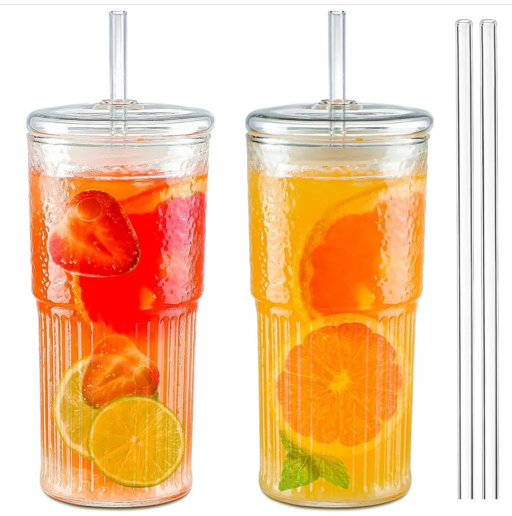 Glass Cups with Lids and Glass Straws, High Borosilicate 20OZ Tumblers (2Pcs) for Coffee, Tea, Ju... | Amazon (US)