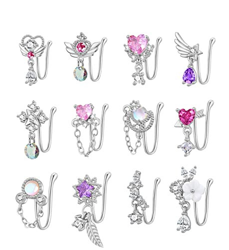 PLOMFOV 12Pcs Fake Nose Ring for Women Dangling Nose Cuffs Faux Clip on Nose Ring for Non Pierced Nose Silver | Amazon (US)