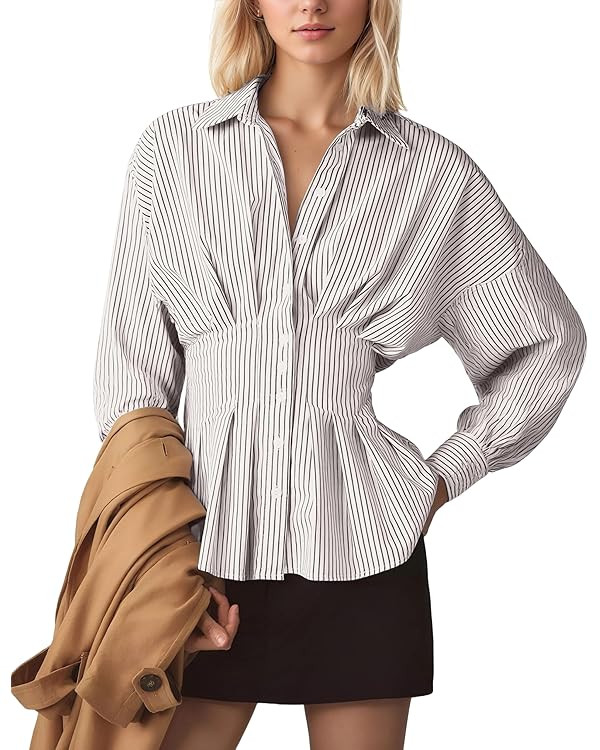 Womens Striped Shirts Button Down Short Sleeve Pleated Peplum Blouses Dressy Casual Lapel Tops Su... | Amazon (US)