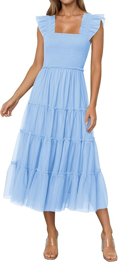 Naggoo Women's Summer Tulle Wedding Guest Dress Smocked Square Neck Ruffle Flowy Mesh Midi Dresse... | Amazon (US)