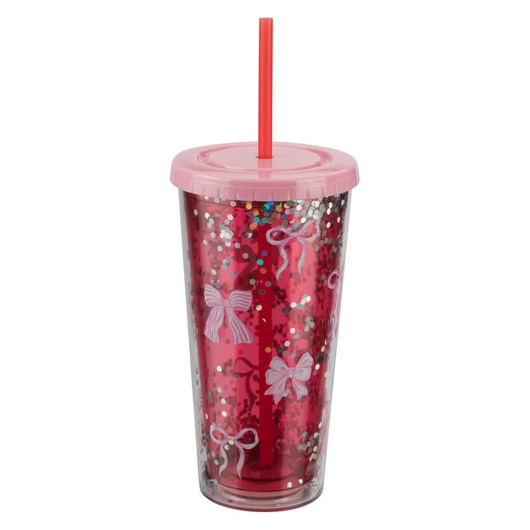Sparkle Bows Plastic Tumbler with Straw and Lid, Pink and Red, 24 oz, Valentine's Day by Way To C... | Walmart (US)