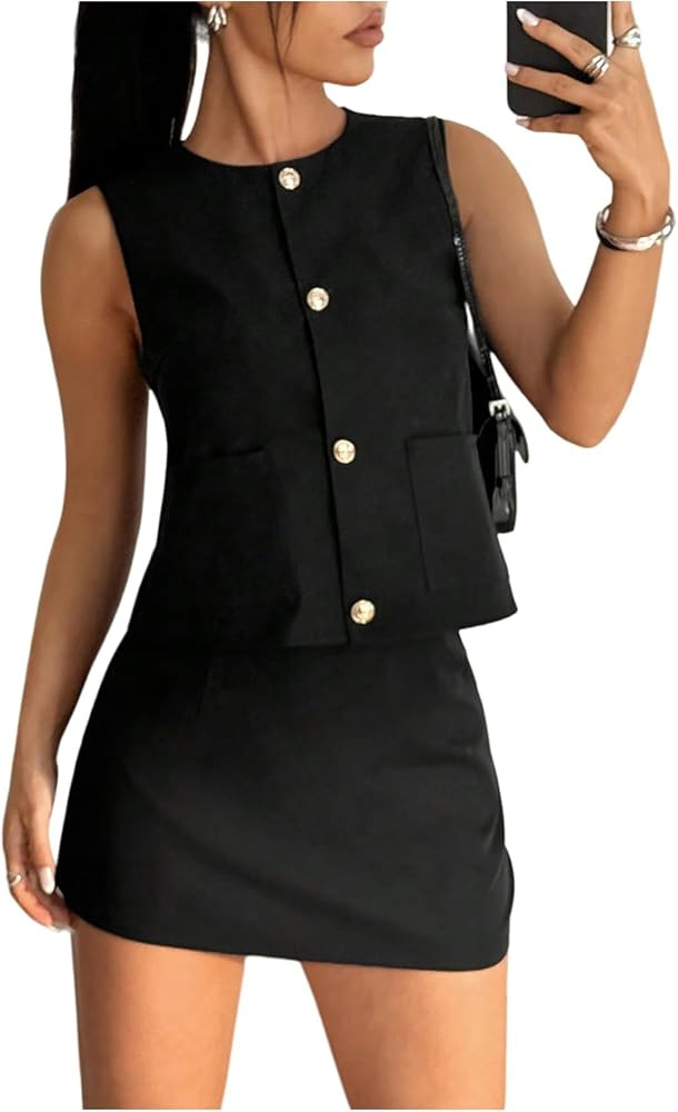 Floerns Women's 2 Piece Outfit Elegant Button Down Sleeveless Tank Top and Mini Skirt Sets | Amazon (US)