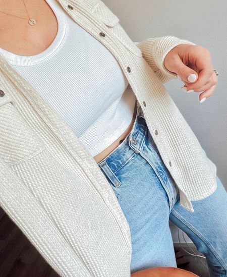 Abercrombie cropped white tank top - small
Abercrombie 90s jeans - 25R
Aerie lumberjane waffle knit shirt - XS