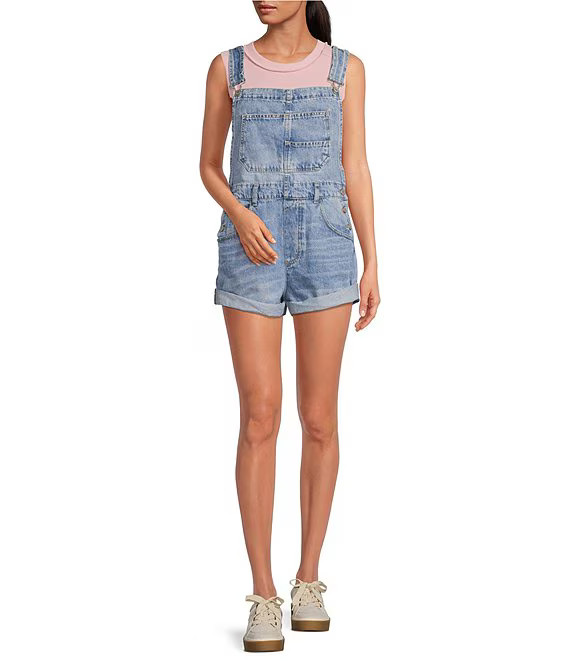 Ziggy Square Neck Sleeveless Frayed Cuffed Hem Shortall Overalls | Dillard's