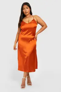 Burnt Orange boohoo Plus Satin V Neck Split Midi Dress | PrettyLittleThing USA | PrettyLittleThing US
