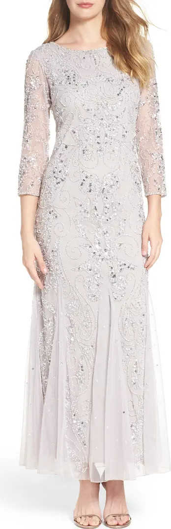 Illusion Sleeve Beaded A-Line Gown | Nordstrom