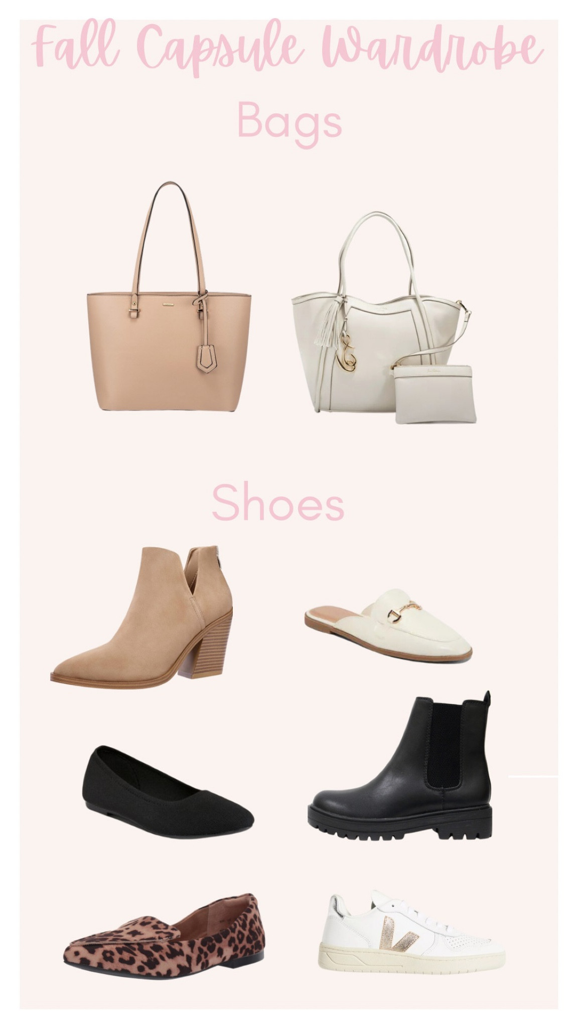 Fall capsule wardrobe bags and shoes #oldnavy #amazon #walmart #veja #anthro 

#LTKSeasonal #LTKshoecrush #LTKstyletip