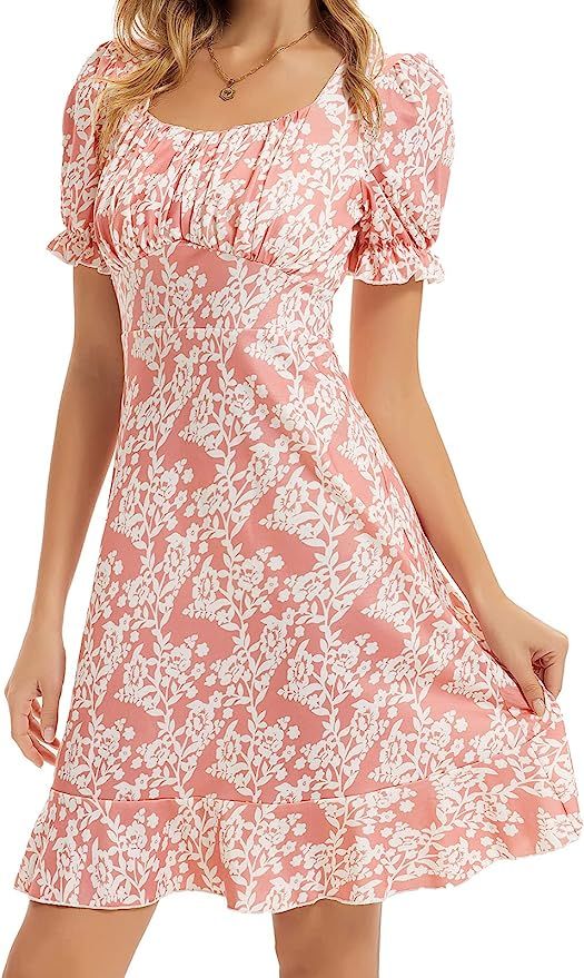 GRACE KARIN Women's Short Puff Sleeve Casual Dress Square Neck Floral Summer Beach Ruffle A-Line ... | Amazon (US)