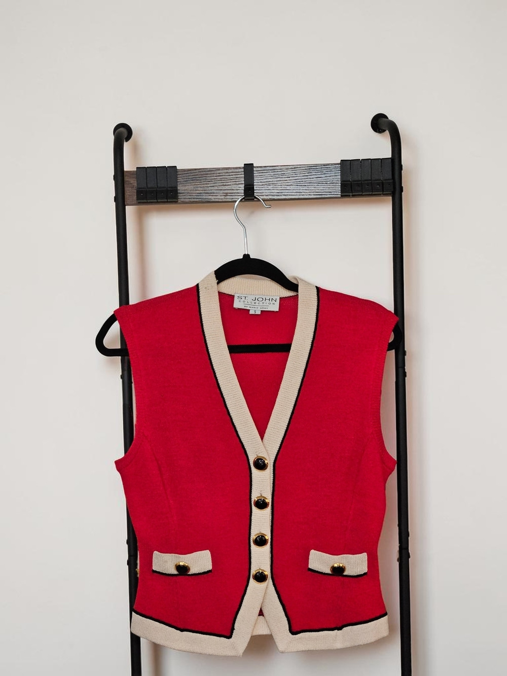 St. John Red Knit Buttoned Vest with Cream Trim | Poshmark