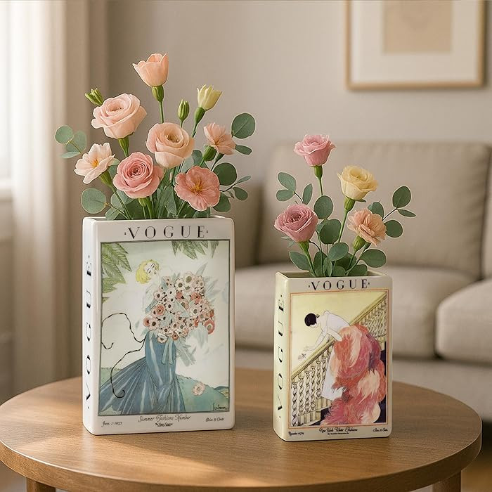 American Art Decor Vintage Vogue Magazine Ceramic Book Vase Set, 2pc Tabletop Vases for Bibliophi... | Amazon (US)
