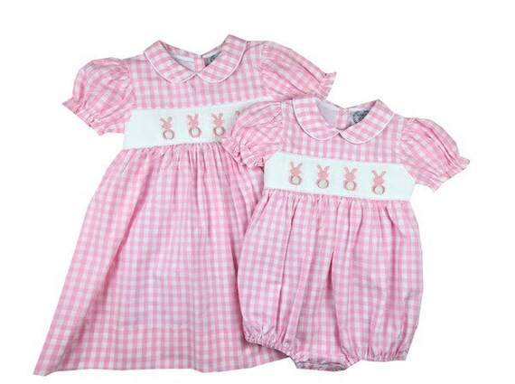 Girl Pink Gingham Smocked Bunny Peter Cottontail Bubble Girl | Etsy | Etsy (US)