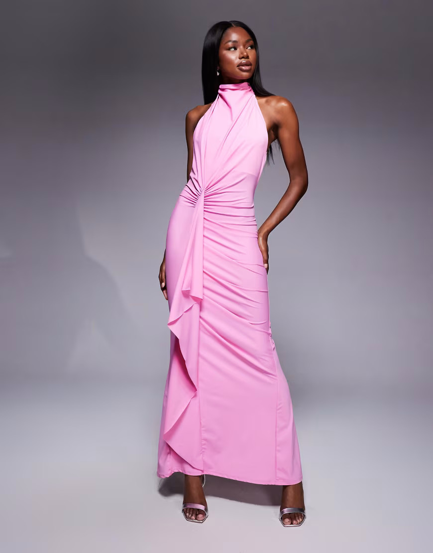 ASOS DESIGN sculpting jersey high neck drape ruffle maxi dress in rose-Pink | ASOS (Global)