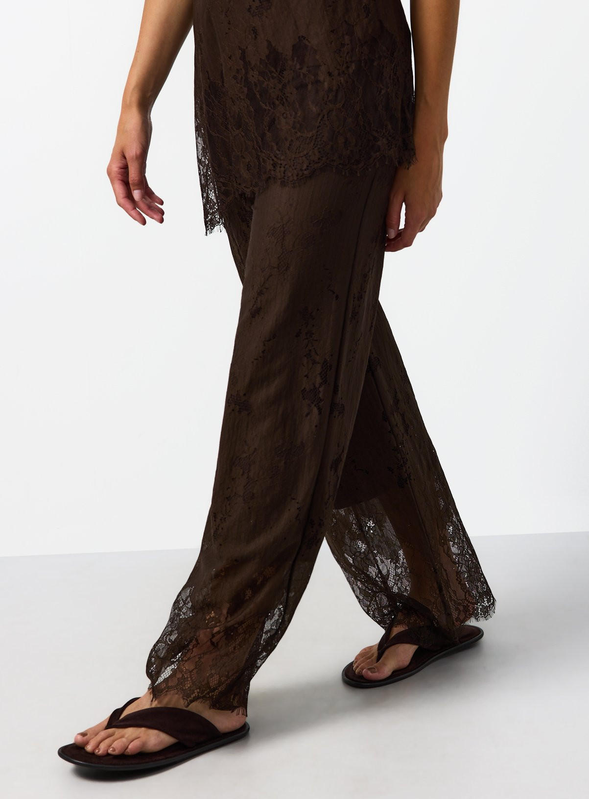Brown Floral Lace Detail Wide Leg Co-ord Trousers | Tu Clothing
