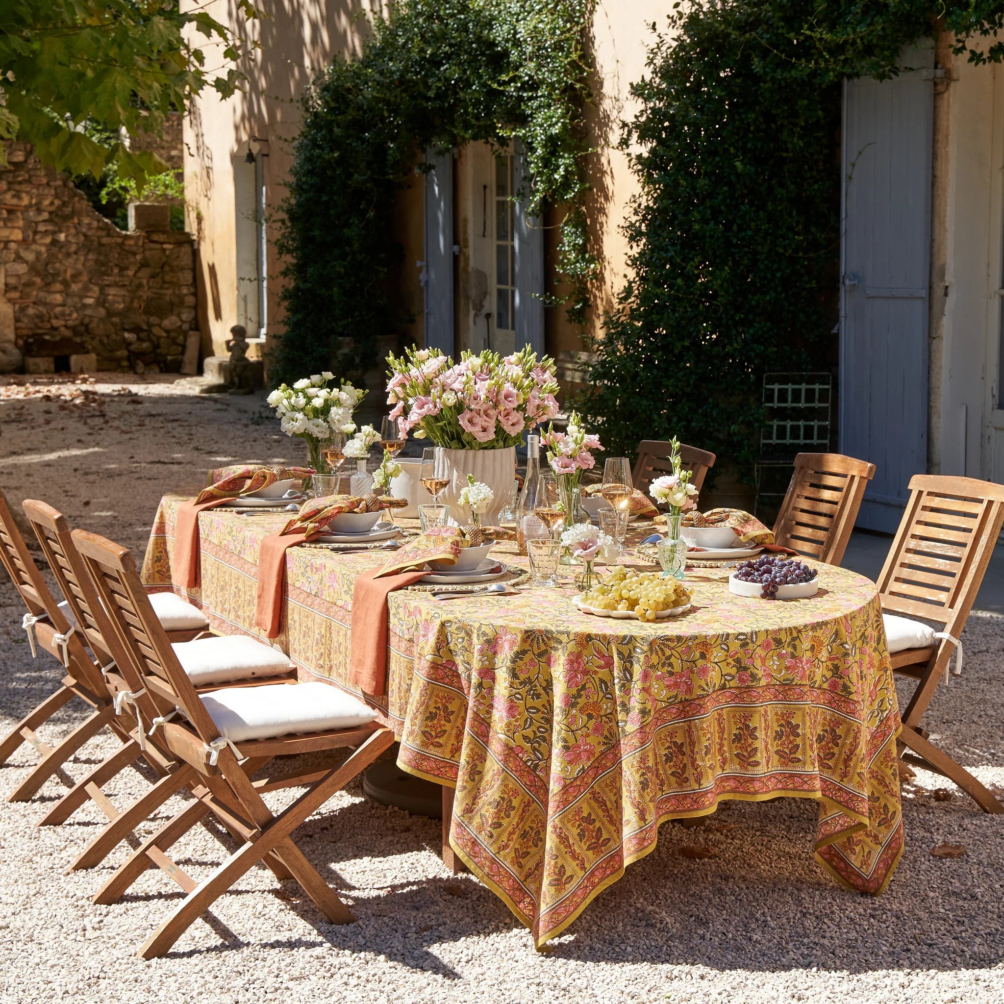 French Tablecloth Damaris Pink & Mustard | Couleur Nature