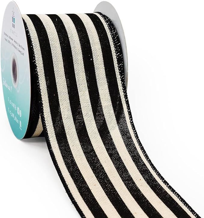 CT CRAFT LLC Striped Canvas Cotton Ribbon 2.5" x 10 Yards Ivory/Black Stripes for Thanksgiving Ch... | Amazon (US)