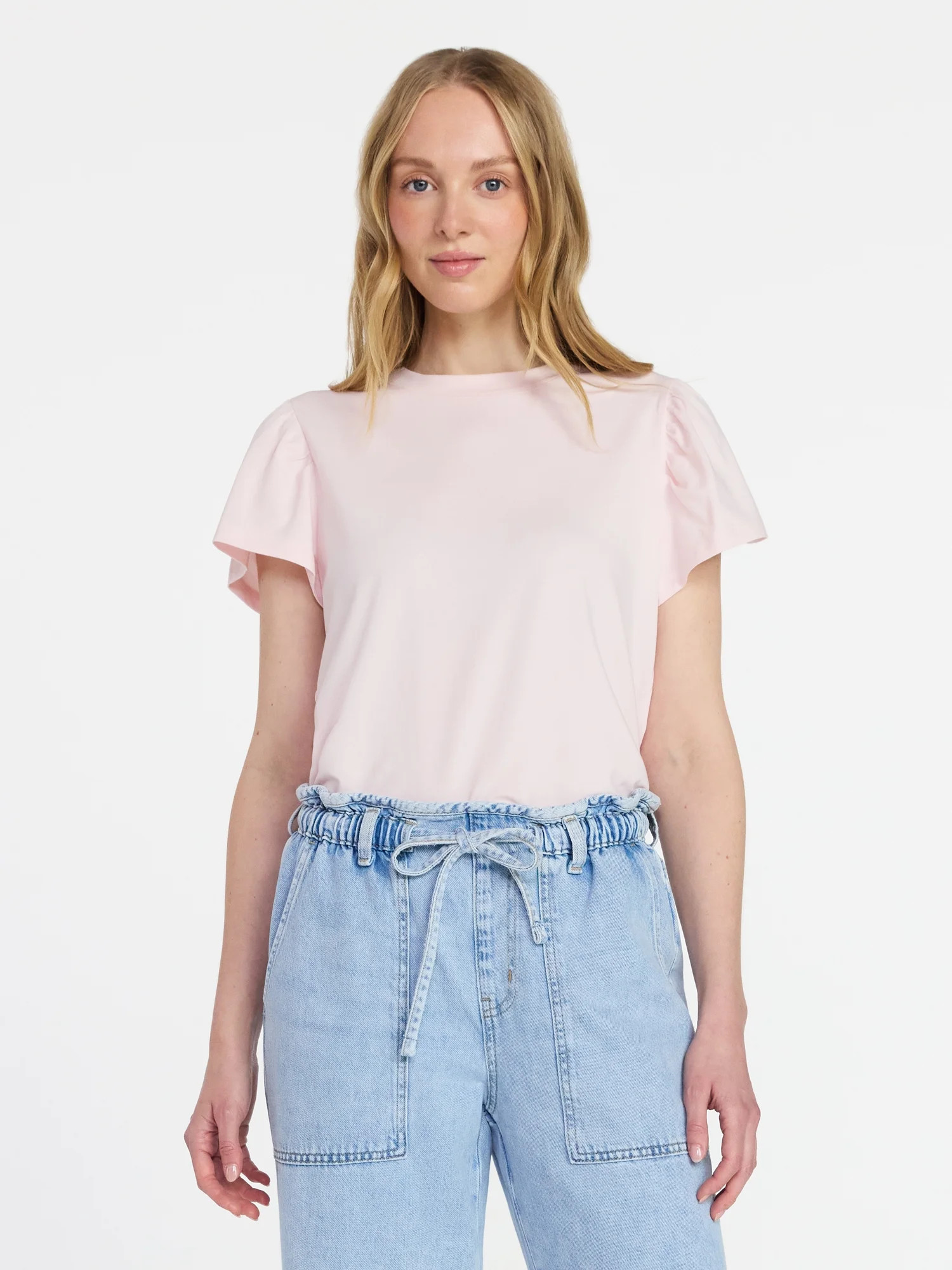 Time and Tru Women's Crewneck Tee with Flutter Sleeves, Sizes XS-XXXL | Walmart (US)