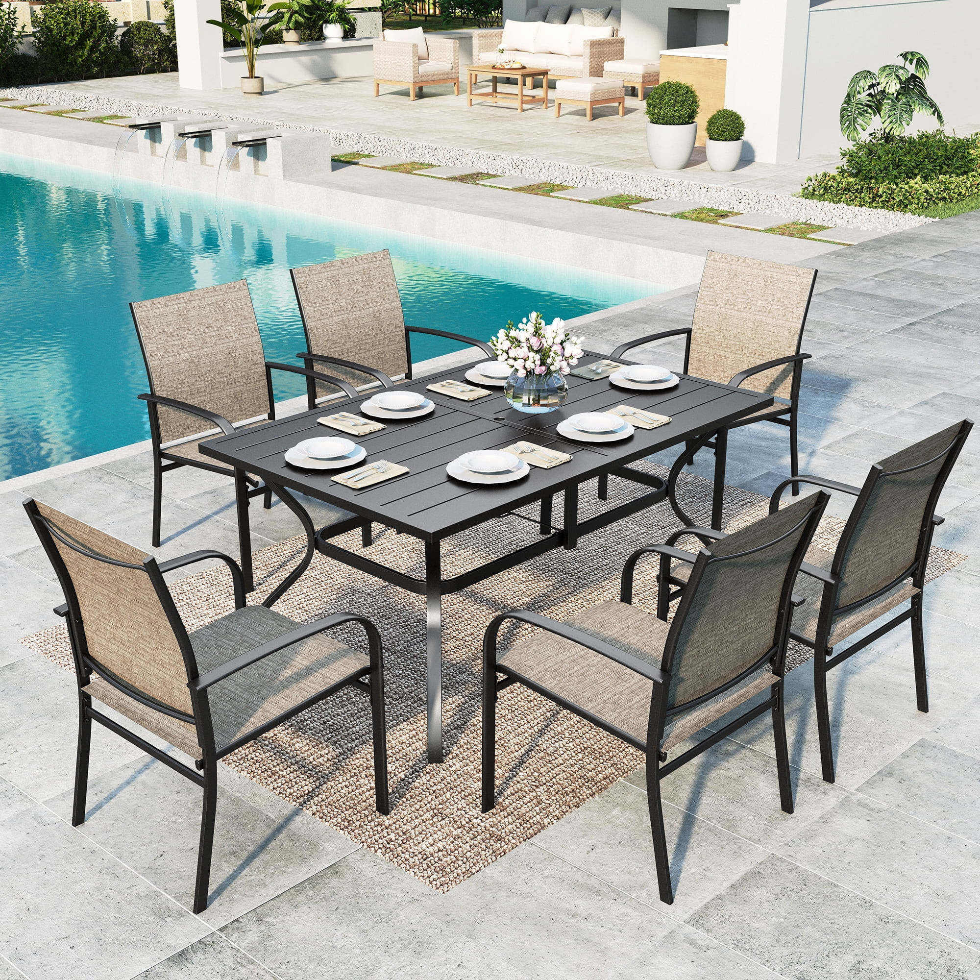 MF Studio 7-Piece Outdoor Patio Dining Set with Rectangle Steel Table & Textilene Chairs for 6-Pe... | Walmart (US)