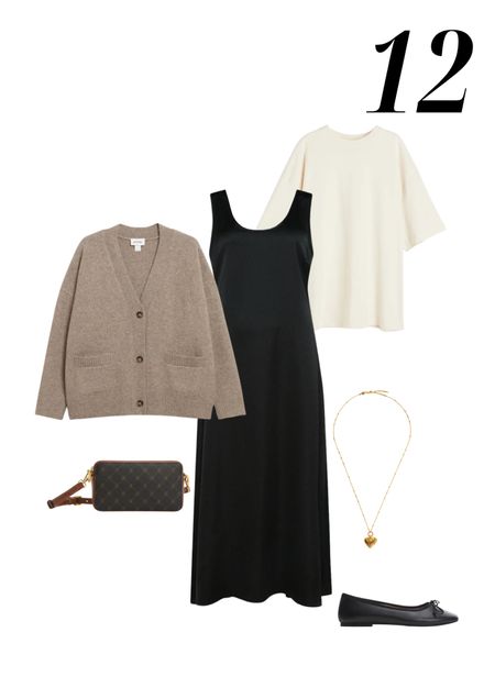 Styling the black slip dress with a t shirt and brown/beige cardigan, gold heart necklace, brown print bag and black ballerina pumps

#LTKstyletip