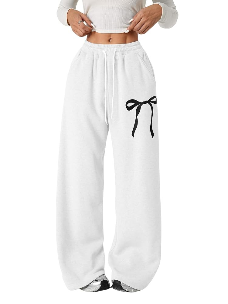 Verdusa Girl's Bowknot Baggy Sweatpants Lightweight Straight Leg Athletic Pants with Pockets | Amazon (US)