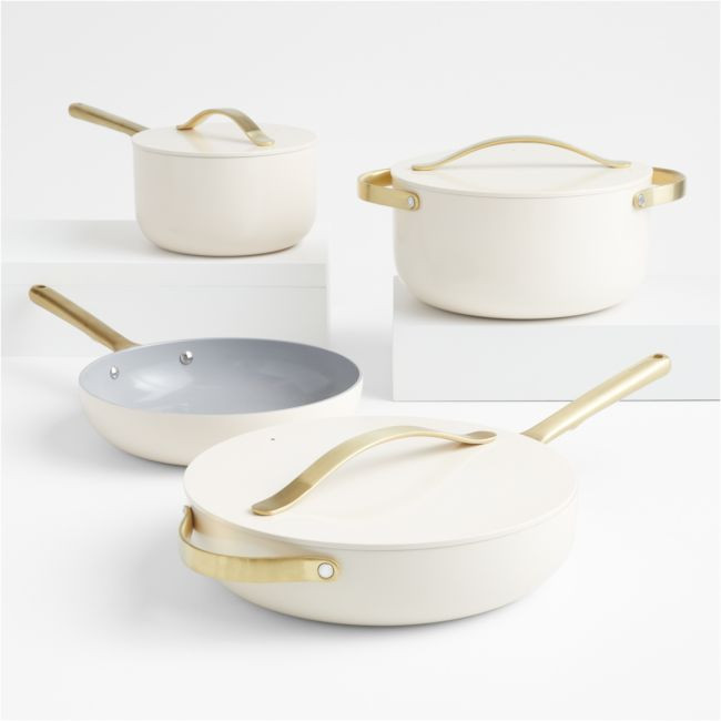 Caraway ® Cream Ceramic Non-Stick 12-Piece Cookware Set with Gold Hardware | Crate & Barrel