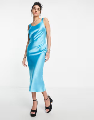 ASOS DESIGN scoop neck midi satin slip dress in blue | ASOS (Global)
