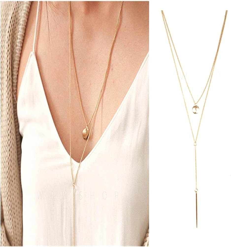 Bohemia Layered Bar Coin Necklace Gold Vertical Bar Y Lariat Necklace Long Disc Pendant Necklace ... | Amazon (US)