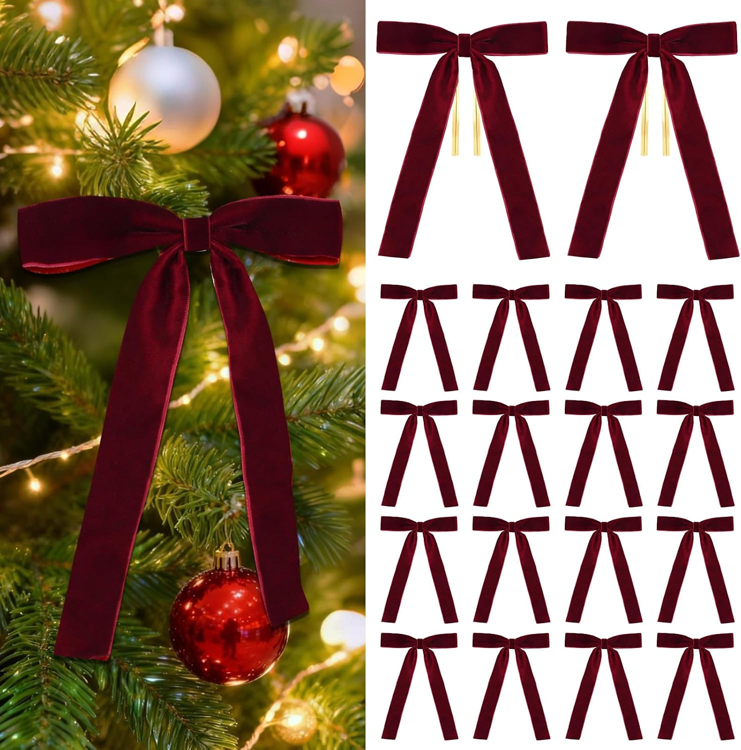18 Pcs Burgundy Velvet Bows for Christmas Tree – Burgundy Velvet Christmas Tree Bows, Holiday Decorations for Garland Wreath Bow (5 * 7", 1" Wide) | Amazon (US)