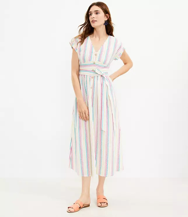 Striped Button Tie Waist Midi Dress | LOFT