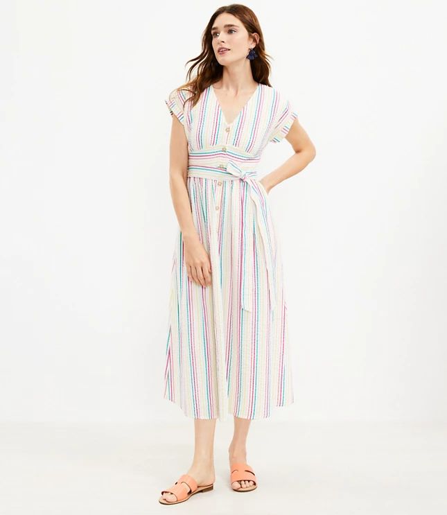 Striped Button Tie Waist Midi Dress | LOFT