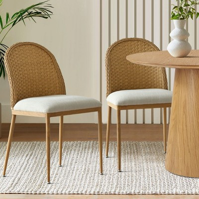 Rattan Dining Chairs for Dining Room, Set of 2 Upholstered Linen Seat Chairs with Curved Double Cane Back and Metal Legs - Maison Boucle | Target