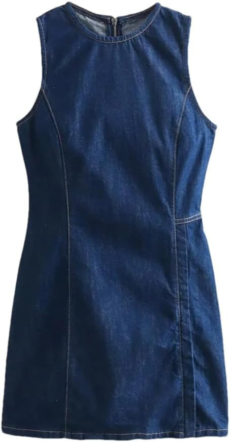Women's Round Neck Cut Sleeveless Waist Cinched Short Denim Dress Solid Color Casual Loose Sleeve... | Amazon (US)