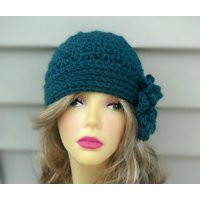 Womens Hat, Real Teal Crochet Beanie Hat With Flower, Accessories Hair | Etsy (US)